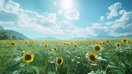 Sunflowers Field in Mountainous Landscape under a Sunny Sky