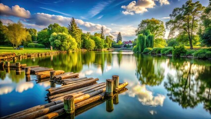 Fototapeta premium Serene City Pond with Green Shores and Reflective Trees - Long Exposure Nature Landscape Photography
