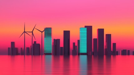 Fototapeta premium Renewable Energy Energy Efficiency Conservation concept. Futuristic Skyline with Renewable Wind Turbines and Energy Efficient Skyscrapers at Dusk