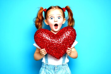 &ETH;&iexcl;hildren valentine's day greeting card: child girl with astonished face holds red heart in hands. Commercial digital ads concept art. Sign of love. Emotional red heart photo. Child with heart.