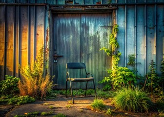 Abandoned Metal Chair Against Garage, Overgrown Weeds, Rustic Landscape