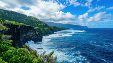 Fototapeta premium Coastal Cliffs and Ocean Waves under a Partly Cloudy Sky in a Scenic Island Landscape