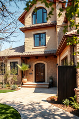 Luxury House Exterior: Modern Stone Facade, Elegant Design, Landscaped Garden