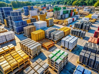 Aerial View of Construction Site with Pallets of Concrete Masonry Units (CMUs)