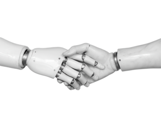 Robotic handshake between human and machine digital art transparent background futuristic concept