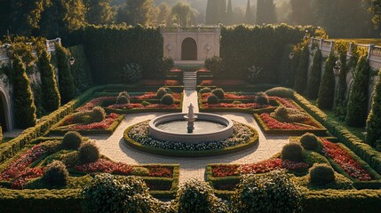 Serene Italian Garden at Sunrise: A Picturesque Vista of Formal Landscaping and Tranquil Fountain