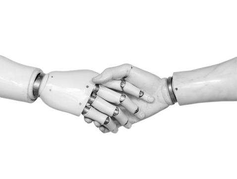 Robotic handshake between human and machine digital art transparent background futuristic concept