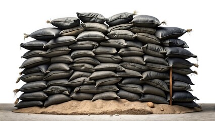 Black Sandbag Bunker Flood Defense Barrier Isolated on White - Military & Disaster Protection