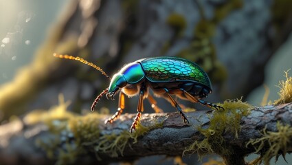 Fototapeta premium Iridescent beetle on mossy branch, forest background, nature macro
