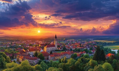 Obraz premium Sunset Aerial View of Charming European Town with Historic Architecture and Lush Landscapes