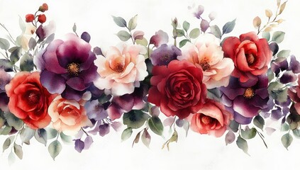 Vibrant Watercolor Floral Arrangement Red Purple Roses Natural Light Cascading Flowers White Background