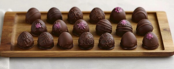 A wooden platter holds an assortment of beautifully crafted chocolate truffles, each adorned with...