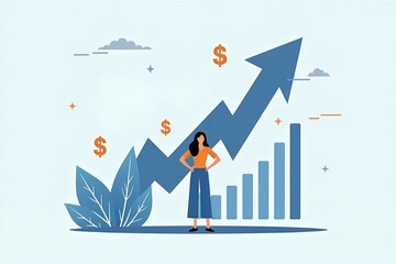 Obraz premium A confident woman standing beside a large upward arrow representing financial growth