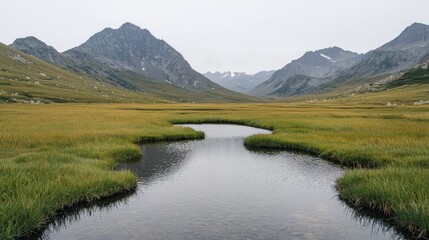 Obraz premium Serene mountain valley stream, calm water reflects peaks, grasslands. Use travel brochure