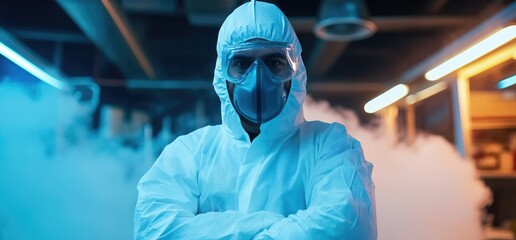 Scientist in hazmat suit, lab setting, smoke background, research