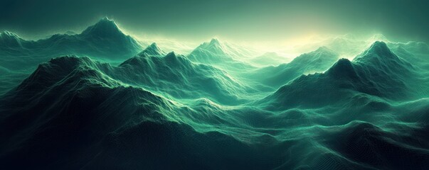 Futuristic Green Wireframe Landscape with Mountains and Wave Patterns in 3D Rendering on Dark Background