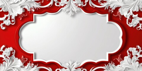 Design a 3D vector illustration featuring a symmetrical scalloped frame with intricate white floral patterns and swirling details inside the red shape. 
