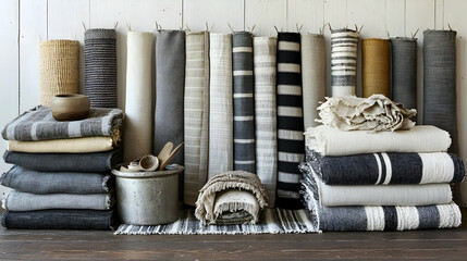Woven textiles studio display, wood backdrop