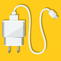 Phone charger adapter icon. Data cable isolated on white background. White charger adapter unplugged from socket. Element for technology and smartphone accessories. Vector illustration for web design.