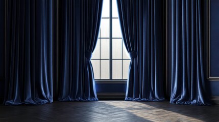 Dark blue velvet curtains framing a tall window with soft natural light creating a dramatic and elegant interior design backdrop.
