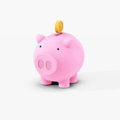 piggy bank and coin isolate on white, 3/4 Perspective