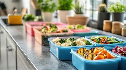 Obraz premium Colorful Meal Prep Containers on Kitchen Counter