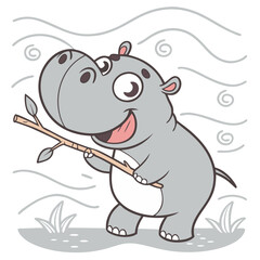 Cute Cartoon Hippo Holding a Twig with Water Wave Accents. Perfect for: World Water Day, Safari Theme Parties, Zoo Events