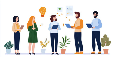Fototapeta premium Collaborative team discussing ideas with laptops and plants in bright office. atmosphere is creative and engaging, showcasing teamwork and innovation