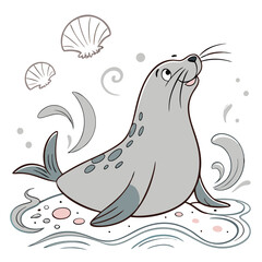Cute Chubby Sea Lion with Waves and Seashells. Perfect for: Ocean Conservation Events, Summer Beach Festivals