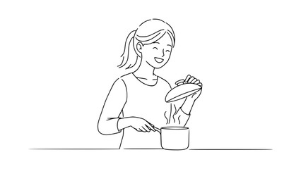 Monochrome Sketch of a Joyful Woman Cooking in Kitchen