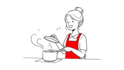 Elegant Stroke Drawing of a Smiling Woman Lifting Pan Lid