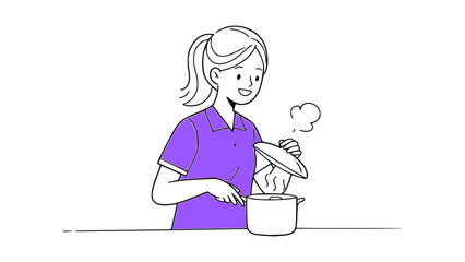 Minimalist Line Art of a Happy Housewife Cooking