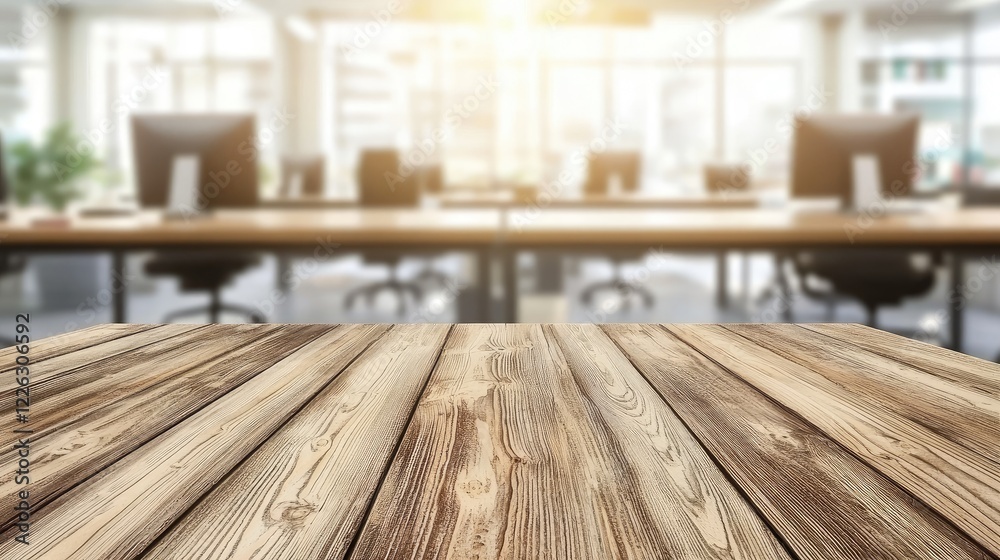 Poster Rustic wooden tabletop with a blurred modern office background featuring computers and sunlight. Ideal for business presentations, work-related advertisements, and office-themed designs