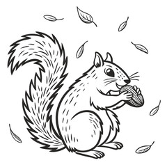 Adorable Hand-Drawn Cartoon Squirrel with Nut and Falling Leaves. Perfect for: Fall Festivals, Thanksgiving, Wildlife Conservation Campaigns