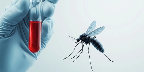 Mosquito Borne Diseases Research Blood Sample Analysis in Laboratory Gloved Hand Holding Test Tube