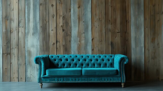 A Teal Velvet Chesterfield Sofa Sits Against A Rustic Wood Wall. The Scene Is Moody And Sophisticated, Ideal For A Magazine Spread Or Stylish Home Decor Inspiration.