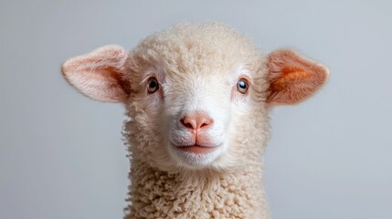 Naklejka premium Cute lamb portrait, studio shot, gray background, farm animal, spring