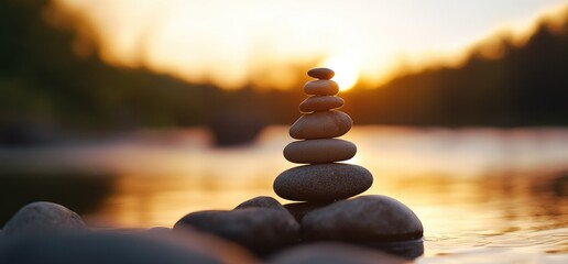 Obraz premium Sunset river stones zen balance