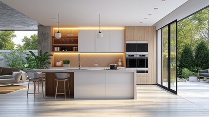 Obraz premium Scandinavian Style Modern Kitchen Interior Design with White Wood Finishes and Natural Light