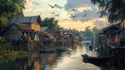 Fototapeta premium Water Village Houses Sunset Birds Flying Over River