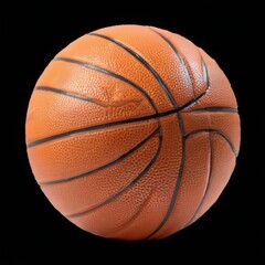 Fototapeta premium Close-up of textured orange basketball with black stripes on black background, emphasizing the ball's round shape and vibrant color.