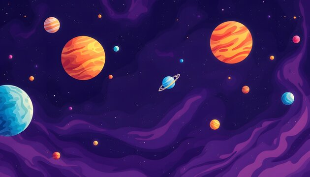 Fototapeta Vibrant Space Planets Wallpaper Cartoon Style Galaxy Art