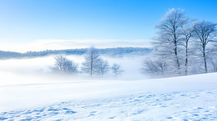 Frosty winter landscape, snowy field, fog, trees