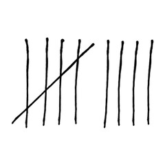 Tally mark. Prison counting lines, black slash scratches on the wall. Hand drawn crossed out tally marks, jail grunge outline numbers on white background, vector illustration.