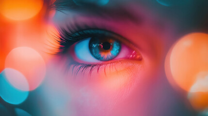 closeup blue eye of woman looking at camera neon lights bokeh background lens flare backdrop orange pink aqua black macro eyelashes eyebrow studio photography
