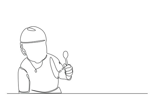 recommend clip art: Cute baby holding spoon in continuous one line drawing. Single line art draw of baby boy spoon eats itself . Editable vector.
