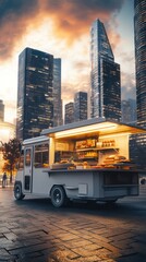 Food truck on a city street with tall buildings in the background at sunset
