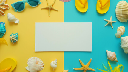 A summer-inspired flat lay featuring beach essentials like starfish, seashells, flip-flops, sunglasses, and inflatable rings, arranged around a blank white space