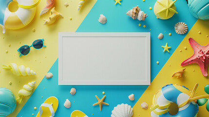 A summer-inspired flat lay featuring beach essentials like starfish, seashells, flip-flops, sunglasses, and inflatable rings, arranged around a blank white space