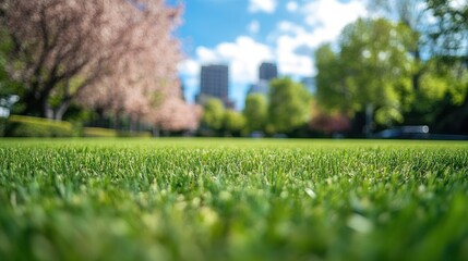 Lush green grass in a city park with blurred cityscape background.